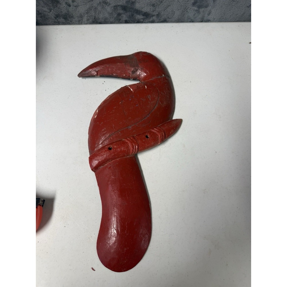 Vintage Hand-Carved Wooden Toucan Bird Sculpture, Red Painted Folk Art